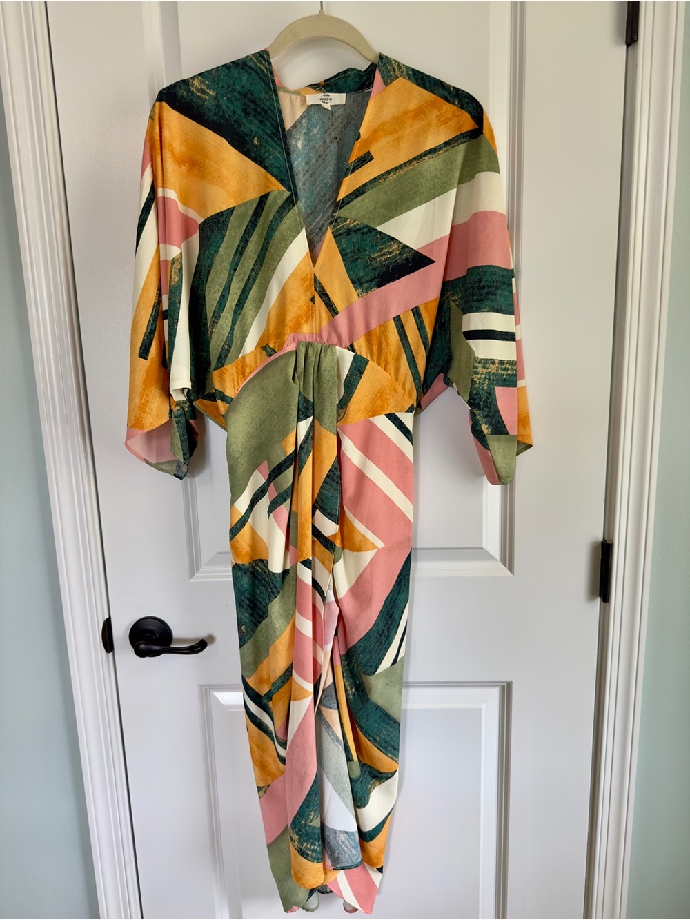 entro Geometric Midi Dress in Pink, Olive & Mustard